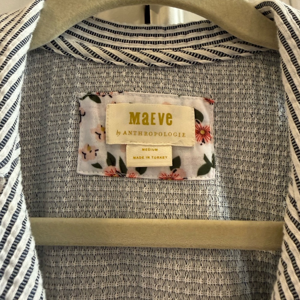 Maeve Textured Blue and White Striped Collared Wrap Top with button detail - Picture 2 of 11
